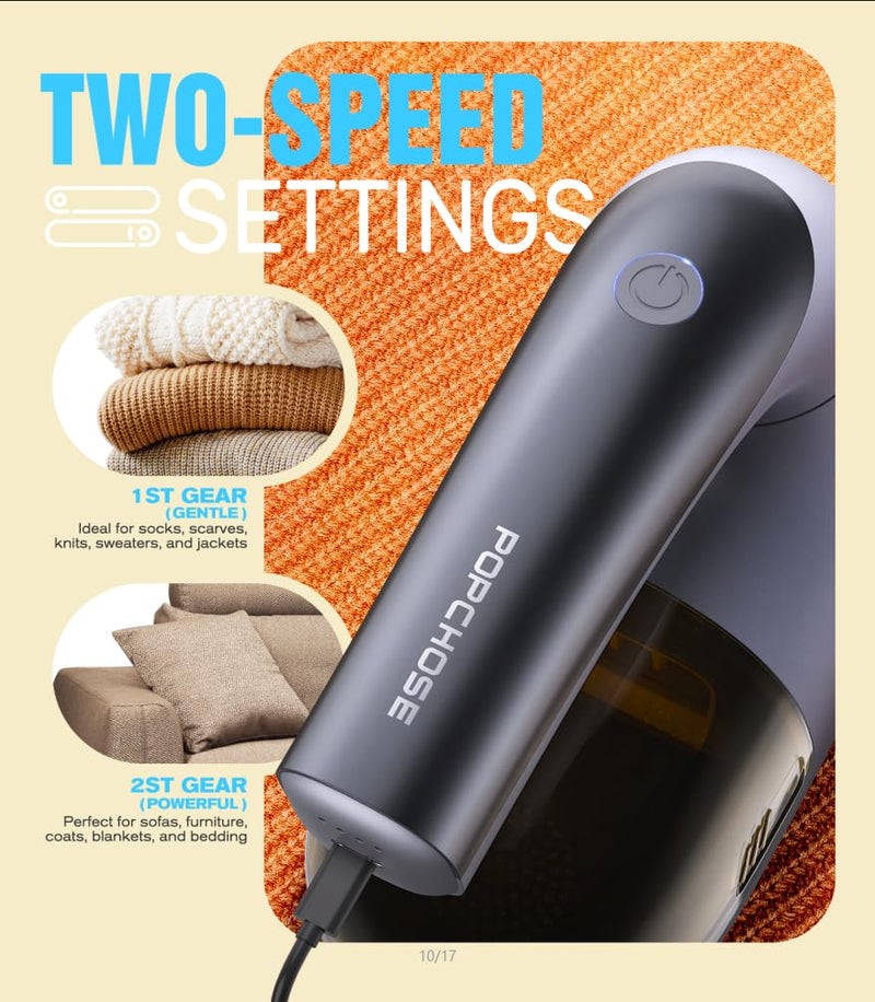 POPCHOSE Fabric Shaver  Lint Remover for Clothes  Lint Shaver with 6-Leaf Blades  2 Speed Sweater Shavers to Remove Pilling for Clothing  Couch  Furniture  Fuzz  USB Rechargeble  Gray - Image 4